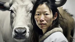 Retrato de una mujer achaparrada de rasgos inuit junto a un yak enano de pelaje plateado, ambos en primer plano con gesto sereno; estilo pictórico de Jenny Saville con capas densas y carnosas que enfatizan la materia.