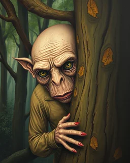 Bosch painting style , a strange looking creature hiding behind a tree , showing half of his body and face from behind the tree