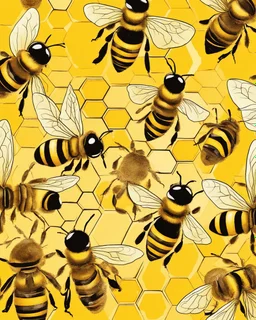 bees flutter over the hive, behind there is a honey yellow background and honeycombs