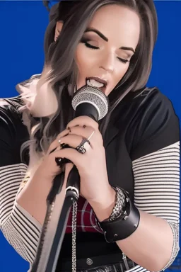 attractive female country music singer leaning forward while holding microphone in one hand, other hand brought up to side of neck, change clothing to plaid in natural tones, leather bracelets on wrists, long hair, mouth open singing, rings on fingers, eyes closed