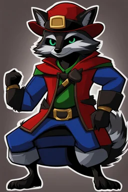 Make a Sly Cooper oc. He is a raccoon with sleek, charcoal-gray fur and emerald-green eyes. He has a sly and mischievous expression, with a black mask-like pattern around his eyes. He wears a tattered, dark blue bandit's outfit with a red sash and a feathered hat that adds to his roguish charm. He also sports a leather pouch at the base of his tail for carrying stolen treasures.