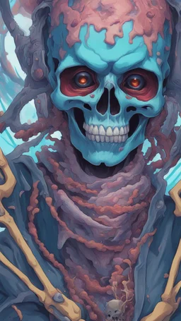 a close up of a person with a skull on their head, anime skull portrait man, scary detailed art in color, hiroyuki-mitsume takahashi, nychos art aesthetic, half man half skeleton, anime cyberpunk art, colored manga art, rossdraws pastel vibrant, hot colors. insanely detailed, beautiful anime portrait, stunning anime face portrait, scary art in color