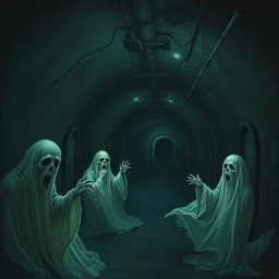 Ghosts at night inside a dark submarine in a delusional state haunted by ghostly images, paint it in the baroque style, as if the ghost are horrified
