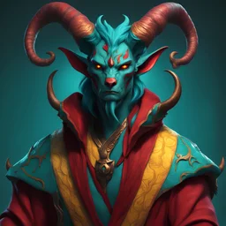 Tiefling with red skin and beastly horns wearing a Spirit-beast Robe of teal and yellow fierce and deadly, masterpiece, best quality , in 3d art style