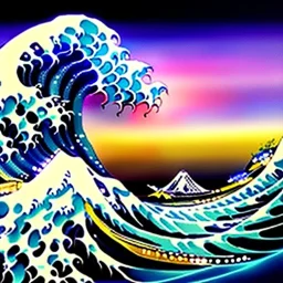 The great wave of kanagawa painted with clouds of colours,ystical colors ,perfectly centered image, perfect composition, rim light, beautiful lighting,masterpiece ,8k, stunning scene, raytracing, anatomically correct, in the style of Simon Bisley and Ohrai Noriyoshi and robert e howard and Steve Jung and Wizyakuza and uncannyknack