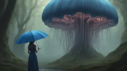 woman in an alien forest with an umbrella made from a jellyfish, photorealistic, Detailed Matte Painting, Deep Colour, Fantastical, Intricate Detail, sunshine, blue sky