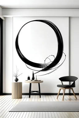 Create handpainted geometric wall mural Create handpainted geometric wall mural featuring a minimalist Enso circle with calligraphic strokes, using a black and white color palette for a clean and serene look."