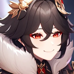 Clear focus,High resolution, black short fluffy hair, long fluffy bangs, and red eyes, Depressed girl, wearing a genshin impact outfit,slight revealing outfit, Smug smile, half closed eyes, smile, full body, Extreme close up, smiling, eyes close, Extreme Close up