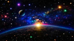 The image presents a beautiful glimpse of the universe and its various components. In the background, we can see a sky filled with shimmering stars, indicating our immersion in the world of astronomy. In the foreground, a planet glows with its unique brilliance, and its details are clearly visible. The light of the stars and the planet appears in multiple colors, creating a enchanting scene that always reminds us of the beauty and magnificence of the cosmos and the significance of astronomy in u