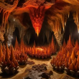 A grayish red cave filled with amber spikes designed in African masks