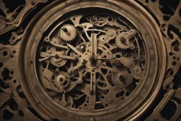 Looking down into a complicated large, old-fashioned, engraved, clock mechanism with hands