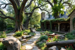 Panoramic Library Gardens: Medieval fantasy meets ancient nature. Winding stone paths under towering trees form a living cathedral. Vines and flowers cascade, while plants cling to ancient trunks. Natural seating areas of smoothed boulders and fallen logs. The library, built of fieldstone and timber, emerges from the landscape with large openings. Dappled sunlight illuminates quiet reading nooks. Style: natural textures, light play. Colors: deep greens, earth tones, jewel-toned flowers, golden