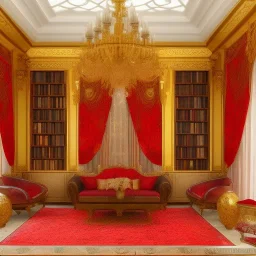 house arabic marbre wihte floor with golding details ,big window , fontains , bougainvillea red , Library ، Silk curtains ، Silk curtains ، morning light ، Decorative oil burners ، 4k , realistic , cinematic , morning light ، reflection