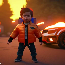 3d render, Willem dafoe toddler, full body, orange puffer jacket, dramatic lighting, volumetric lighting, concert background, hyper realistic, unreal engine 5, 8k, UHD,