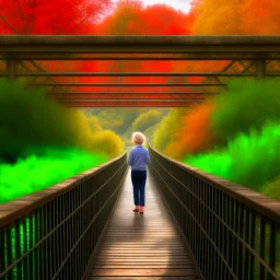 gertrude, on a bridge through the seasons, hills and trees, motion blur, 8k, downlight, soft light, depth of field, photorealism, trending on art station, lotsa detail