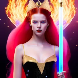 Sweet young girl with golden fire red hair wearing a galactic tiara, who is dressed like a witch casting a spell holding a quarterstaff, she has cat ears and open dazzling blue eyes, background is realistic space with a moon, the girl is on a planet, black black girl dress, full body portrait, arm colors gradient effect into stars, rendered, unity 3d, unreal engine, dslr, hdr, 4k, edited, photorealistic, normal number of appendages, freckles, artists render