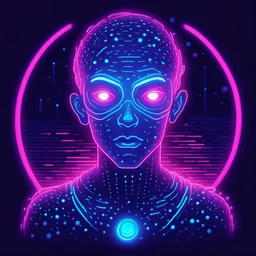 in dot art style, Ghostray with deep-blue neon-blue glowing pink-white and bright-blue color palette