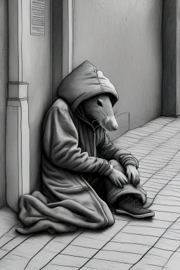 one single mature homeless rat with worn out clothes, sleeping in a corner on the street, Vienna, mourning, model style, hyper realistic, extremely accurate, delicate, extremely detailed, Graphic novel style, wide-angle, open aperture, superfine pencil