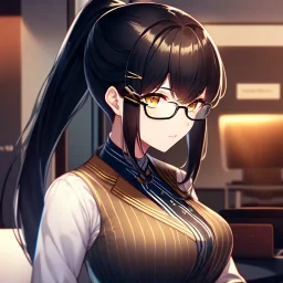 girl, masterpiece, best quality, cinematic lighting, detailed outfit, perfect eyes, black hair, golden eyes, long hair, ponytail, black glasses, at office, hairclip,