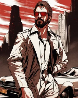 a young man with big muscles who looks like hans gruber wearing a trench coat and red sunglasses staring with an irritated look on his face standing in front of a large fire