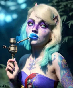 Ultra realistic wonderland photo, happy blonde woman smoking a shisha, blue dress, big purple-cat friend, circus dress style, old school tattoo, smoke, marijuana garden, glow eyes, perfect iris, soft color, highly detailed, unreal engine 5, cinematic, ultra detail, volumetric lighting, high definition.