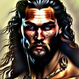 Portrait Jason momoa, torse nu, sur une girafe ,