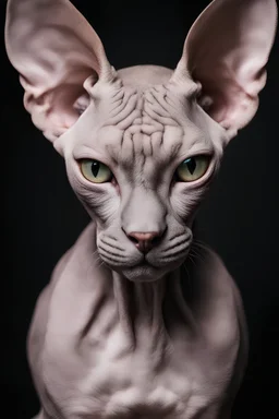 a photograph of sphynx with no backround, 30% of the picture should be full black, high contrast, portrait, shot with a sony alpha A9