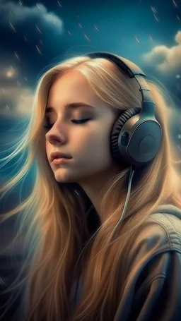 beautiful girl with long blond hair dreaming of a rain world with some rain and listening to music