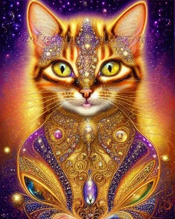 Cat , 500 x 500 pixels, glitter gold, extremely detailed fractal , fractal gems, fractal crystals, gold glitter, imperial colors ,digital oil painting , detailed art illustration, vibrant, cinematic, ornate, luxury, 8K polished in the style of Josephine Wall, Brian Froud.Thomas Kinkade