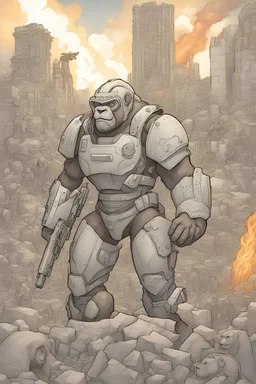 the title of the coloring book is : Steel Safari: Defenders of Our World, give me a cover; that;humanoid/machine cyborg animals [lions,bear,gorilla] with armor and guns in a group; background is burning city ruins,rubble and wreckage at dawn; realistic style drawing, all images colored