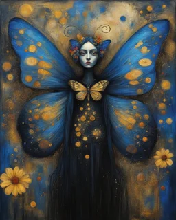 A strange old thin fairy with detailed shapes, head wrapped in dark cloth. Colorful butterfly wings. It stands in the gold, black and blue space of a flower hell. Abstract expressionism, grunge textured grainy oil colors on canvas. Disturbing depressive. Soft brush strokes Gustav Klimt.