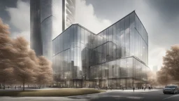 Contemporary glass and steel building with elegant lines and an innovative façade, surrounded by a busy cityscape, modern and in high resolution.