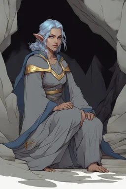 Dnd character on her knees in a cave. A female Elf twilight cleric with curly short blue hair and golden eyes, wearing gray robes. Etheral, muscular, strong.