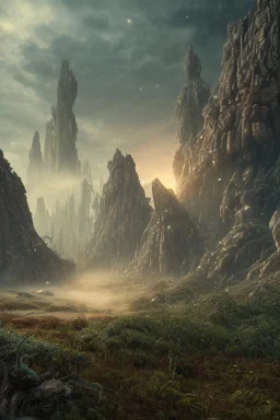 A wasteland, 8k, bas-relief, extraterrestrial, eerie, jagged rocks, plants, cinematic 4d, Steven Spielberg