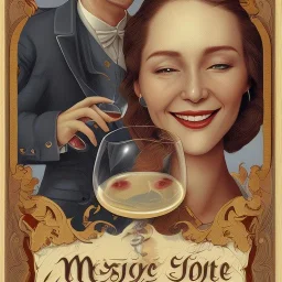 wine label. A woman lady in her 40 and her male colleague with short hair - drinking fresh wine with smiles. Grotesque, funny, cartoon.