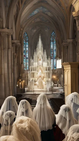 7 sisters wearing lace veil praying in church.cinematic.