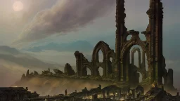 Destroyed City, medieval ruins, debris, stone, breched, brocken, Perspektiv from the sky, by Jean-Baptiste Monge, Ivan Bilibin, Albert Bierstadt, Reza Badrossama, watercolor ink, pencil sketch, splash art, intricate details, fantasy, beautiful, oil on canvas, award winning, imperial colours, fantastic view, radient colours, very attractive, crisp quality