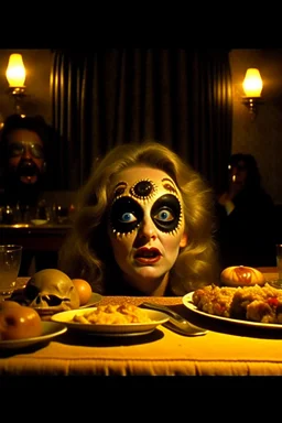 Spooky, ultra realistic distress, dining, ultra realistic hot woman, nose, giant eye on a table, organic hot bondes, dynamic, anguish, excited and lively scene, hypermaximalist figures, Creepy the Ring Alfred Hitchcock, Sam Raimi, insanely detailed, sinister, John Carpenter, Dario Argento, ornate