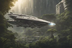 spaceship flying low over a jungle city