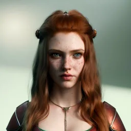 hyper realist, hyper detailed, stunningly beautiful teen girl, long ginger hair, green eyes, medium freckles, full lips, skimpy fantasy intricate leather armour, full body and head, c-cup breasts, shocked expression, centred camera, full frame, petite, centered camera