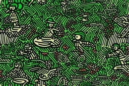 A dark green jungle with a baseball field painted by Keith Haring
