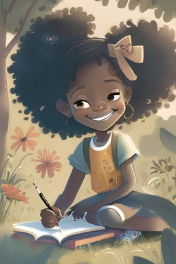 A illustration for a childrens book of a black 9 year old girl, happily drawing outside