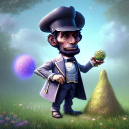 pixar style, volumetric summer garden environment and background, realistic painting of a cute midget abraham lincoln with stovepipe hat, looking excited, volumetric lighting, dramatic lighting, detailed digital painting, anime, ornate, colour-washed colors, elegant, small minutiae, tiny features, particulars, centered, smooth, sharp focus, renderman gofur render, 8k, uhd, detailed eyes, realistic shaded volumetric lighting