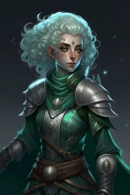 Female moon elf twilight cleric in dark green armour with blueish curly hair and white eyes