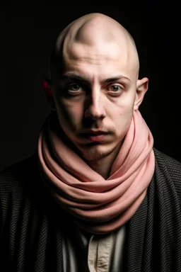 Portrait of a young man, bald, fiercy look, with a long scarf Who cover his mouth and a mask in his eyes