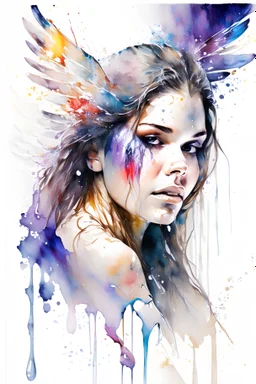 A detailed illustration of a beautiful young female with wings. Her skin, hair and face are all made of dripping paint. Her wings are spread. Front view. Highly detailed flawless facial features and eyes. Abstract watercolor painting splash art. White background, wide angle, abstract design, beautiful, thick flowing paint strokes, dripping paint, fantasy art, modern art, ((soft happy complimentary colors,)) modern aesthetic, focused on the character, 4K resolution.