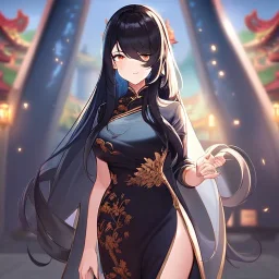 Clear focus, High resolution, cute, cartoon, black long fluffy hair, chopped bangs, wearing a chinese dress