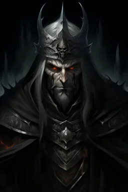 A Lord Of The Rings like malevolent king draped in flowing black attire that seems to absorb the surrounding light. His sinister crown, adorned with ominous spikes, rests upon a head crowned with jet-gray hair. Obsidian eyes reflecting cruelty and malice. A deadly grin curves across his face, betraying the depths of his malevolence. In the shadow of his presence, an aura of darkness.