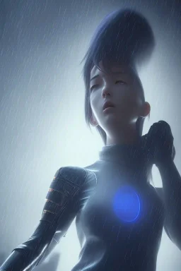 Motoko Kusanagi, raining, nostalgic, cold, dark blue, gloomy, heavy fog, 8k photorealistic, cinematic lighting, high details, dramatic, atmosphereric