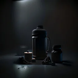 Realistic photograph of a dark studio with a protein shaker. High resolution.